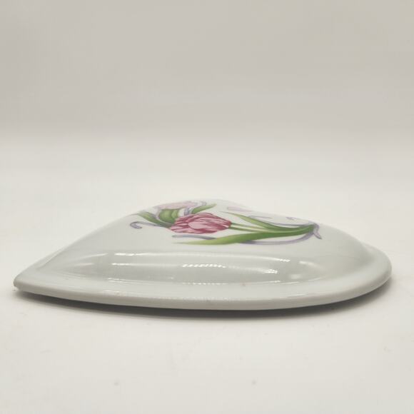 Vintage Large Heart-Shaped Ceramic Trinket Box With Tulip‎ Motif & Hearts Boho - Picture 4 of 9